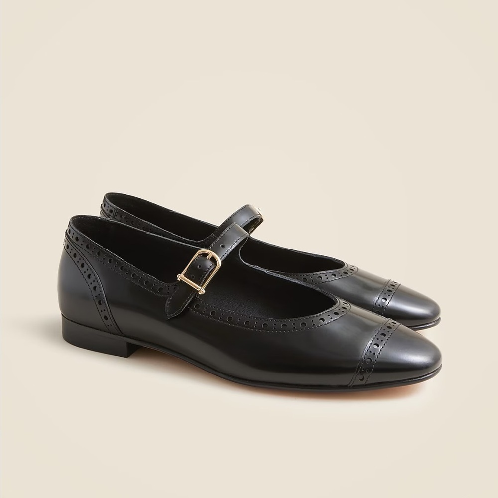 J. Crew Wing Tip Mary Jane Ballet Flats Black Spazzolato Leather size 9 CH271